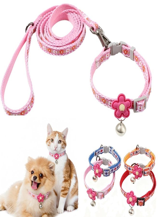 Weimostar Pink XXS Dog Collar with Bell Set, Soft Flower Dogs Leash Cute Floral Cat Collars Adjustable Buckle for XS Tiny Female Girl Pets Kitten Teacup Yorkie X-Small - Image 1
